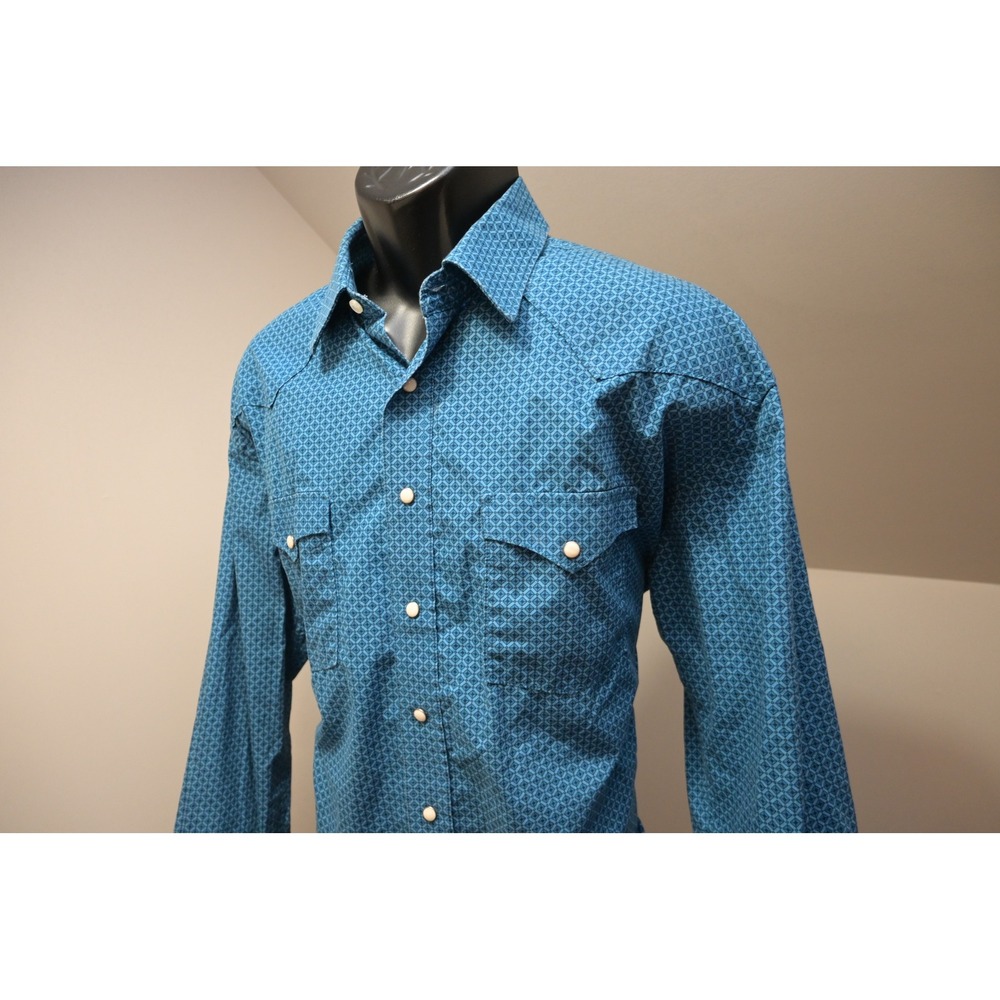 Panhandle Western Pearl Snaps Shirt Mens Large Blue Geometric Rough Stock EUC